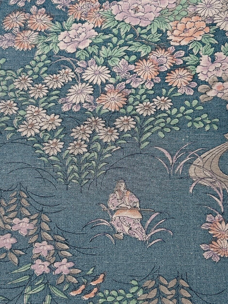 流水に草花人物模様・紬【S】