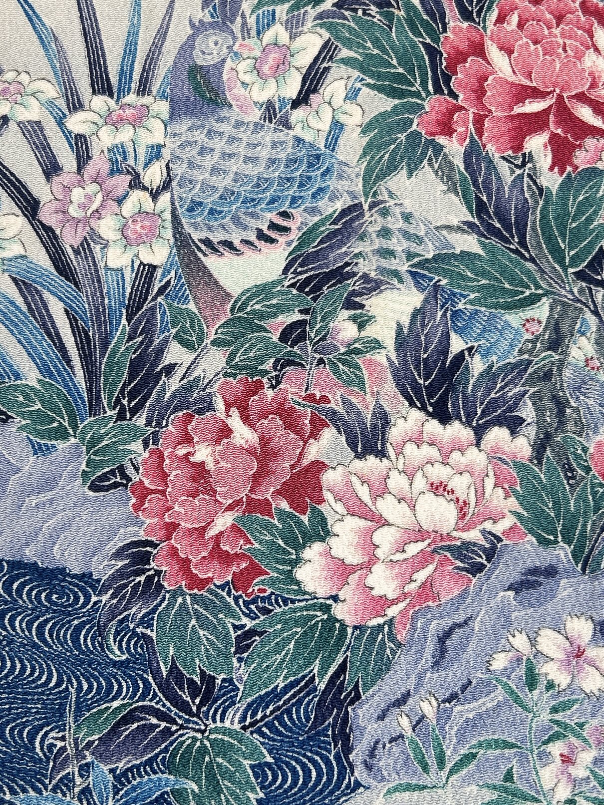 鬼しぼ縮緬友禅手描き・流水花鳥模様【サイドギャザーワンピース】　