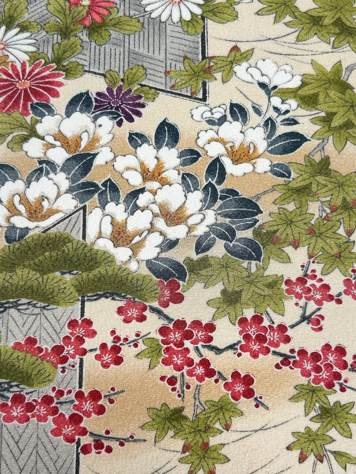 縮緬・四季の草花流水模様【サイドギャザーワンピース】