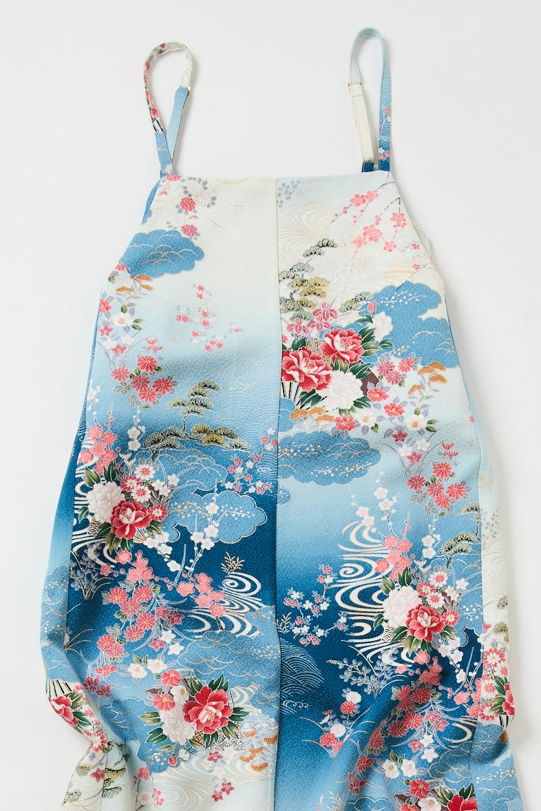 縦縞麻葉花模様【スリットワンピース】